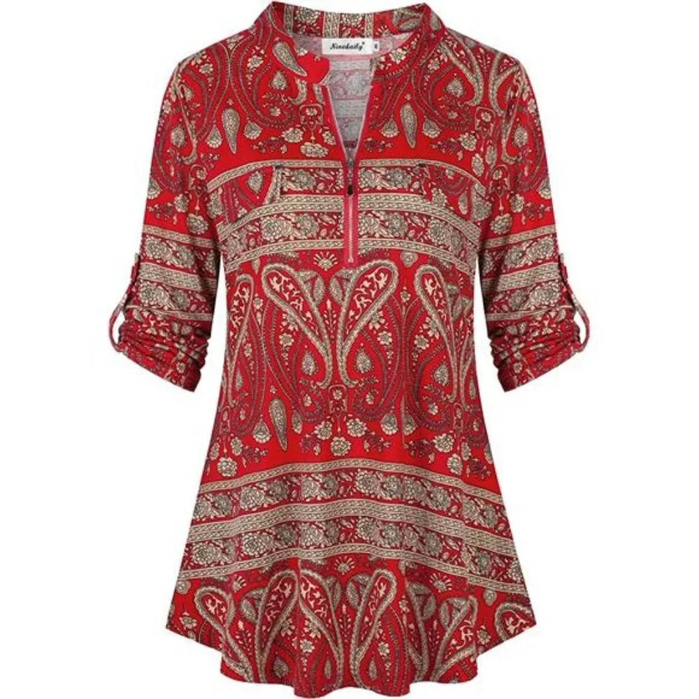 Women's 3/4 Sleeve Plaid Shirts Zip Floral Casual Tunic Blouse Tops